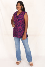 Cyber Grape Purple Kutchi Hand Block Printed Cotton Kurti 10071527