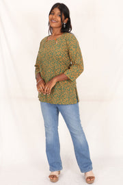 Dark Sea Green Kutchi Hand Block Printed Cotton Kurti 10071535