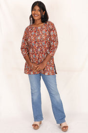  Pastel Rust Maroon Hand Block Printed Kurti 10071538