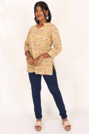 Mimosa Yellow Hand Block Printed Cotton Kurti 10071539