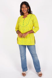 Icterine Yellow Kutchi Hand Block Printed Cotton Kurti 10071543