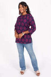 Space Cadet Blue Kutchi Hand Block Printed Cotton Kurti 10071545