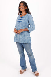 Light Blue Indigo Hand Block Printed Cotton Kurti 10072062