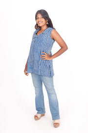 Indigo Striped Hand Block Printed Cotton Kurti 10072370