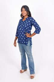 Indigo Star Motif Hand Block Printed Cotton Kurti 10072373