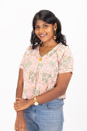 Peach Hand Block Printed Cotton Crop Top 10074307