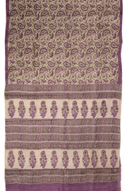 Blush Almond Beige Printed Tussar Silk Saree with Berry Dust Purple Paisley Motifs 10076451