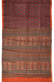 Winewood Brown Printed Tussar Silk Saree with Floral Motifs 10076452