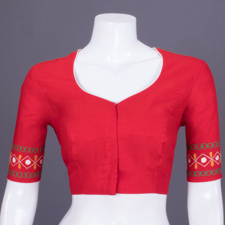 Red Kantha Embroidered Cotton Blouse 10069567 - Avishya
