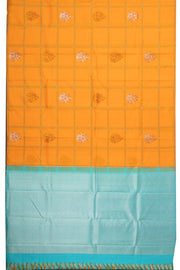Kanjivaram Handloom Pure Silk Saree in Turmeric Yellow with Meenakari Paisley Buttas and Contrast Blue Zari Pallu 10076112