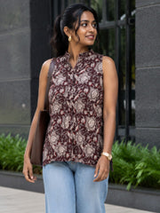 Brown Handblock Printed Women Sleevless Shirt 10077195