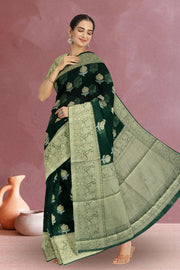 Dark Green Banarasi Organza Saree 10067273