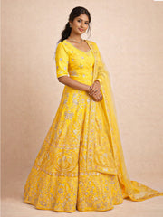 Yellow Net Silk Embroidered Lehenga 10076883