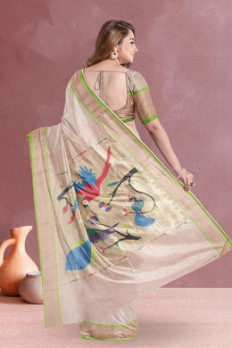 Beige Handloom Paithani Cotton Saree with Silk Pallu 10068432