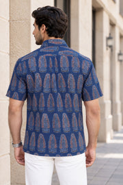 Blue Half Sleeve Ajrakh Printed Cotton Mens Shirt 10071096