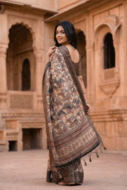 Cream Printed Semi Linen Saree 10077987