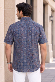 Blue Half Sleeve Ajrakh Printed Cotton Mens Shirt 10071091
