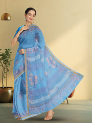 Blue Hand Block Print Kota Cotton Saree 10074167