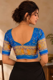 Classic Royal Blue Kanjivaram Silk Blouse With Floral Motifs and Geometric Border 10076634