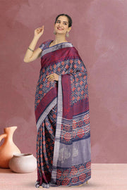 Blue Hand Block Printed linen saree 10070882