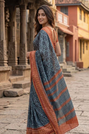 Aqua Blue Printed Semi Tussar Silk Saree 10077232