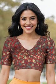 Marron Hand Block Jahota Printed Cotton Blouse 10074988