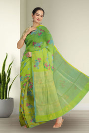 Green Chanderi Printed Silk Cotton Saree 10075367
