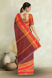 Maroon Handloom Chettinad Cotton Saree With Temple Border 10075905