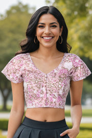 Pink Handblock Printed Cotton Blouse 10075221