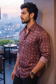 Brown Full Sleeve Vanaspathi Print Modal Silk Mens Shirt 10077510