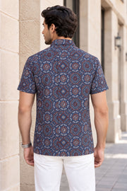 Blue Half Sleeve Ajrakh Printed Cotton Mens Shirt 10071095