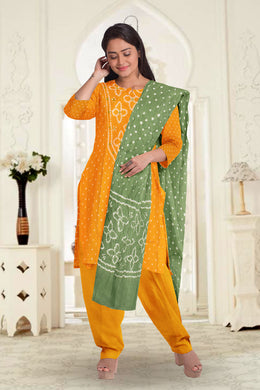 Yellow Bandhani Mirror Work 3 - Piece Salwar Suit Material 10075486