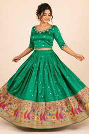 Green Handcrafted Paithani Lehenga - 10064745