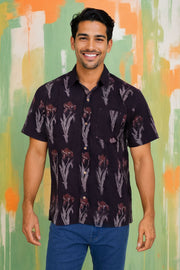 Black Half Sleeve Jahota Printed Cotton Mens Shirt 10074321