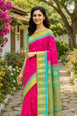 Hot Rose Pink Handloom Gadwal Silk Saree With Temple Border 10077205