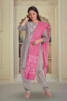 Grey Bandhani Mirror Work 3 Piece Salwar Suit Material 10075485