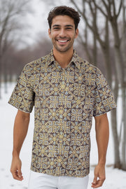 Black Half Sleeve Ajrakh Printed Cotton Mens Shirt 10071085