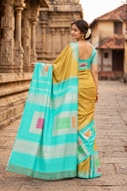 Warm Yellow Ettukol Kanjivaram Silk Saree with Contrast Border 10077907