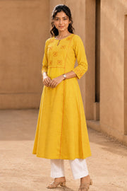 Yellow Hand Embroidered Cotton Kurta 10077630