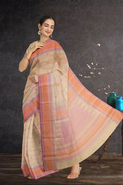 Cream Threadwork Handloom Kanjivaram Silk Saree 10067870