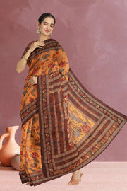 Yellow Kalamkari Printed Malai Cotton Saree 10074685