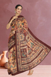Beige Kalamkari Printed Malai Cotton Saree 10074684
