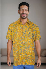 Yellow Half Sleeve Ajrakh Printed Cotton Mens Shirt 10071084
