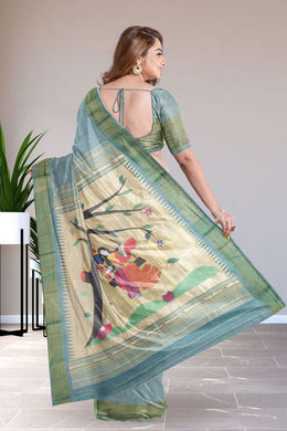 Blue Handloom Paithani Cotton Saree with Silk Pallu 10068439