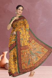 Yellow Kalamkari Printed Malai Cotton Saree 10074679