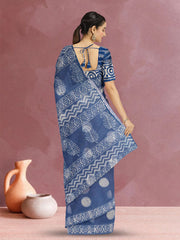 Blue Indigo Circle Design Dabu Print Kota Cotton Saree 10074181