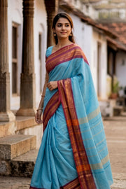 Sky Blue Handloom Chettinad Cotton Saree 10077334
