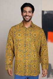 Yellow Full Sleeve Ajrakh Printed Cotton Mens Shirt 10071167