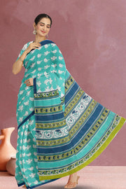 Blue Hand Block Printed Cotton Saree 10071489