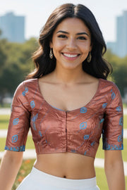 Brown Kantha Embroidered Tussar Silk Blouse 10073424